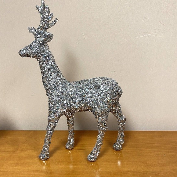 Glam Christmas Beaded Sequin Reindeer Figurine Table Decor 13.5” Silver Glitter - Picture 1 of 5
